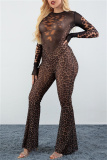 Gauze Sexy Party Club Leopard Print See-Through Round Neck Long Sleeve Flare Leg Bodycon Jumpsuits