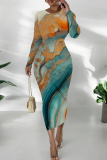 Yellow Blue Ink Watercolor Print O Neck Long Sleeve Casual Outing Vacation Wrap Maxi Dress