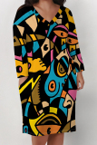 Brown Geometric Print Colorblock V Neck Long Sleeve Pocket Casual Outing Plus Size Loose Midi Dress