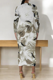 Black Grey Geometric Print O Neck Long Sleeve Casual Outing Bodycon Pencil Midi Drsss
