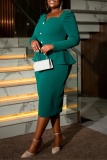 Green Square Neck Long Sleeve with Puff Shoulders Peplum Waist Slim Fit High Slit Office Wear Plus Size Bodycon Midi Dress