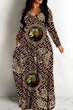 Watermelon Red Graphic Print V Neck Long Sleeve Floor Length Casual Outing Straight Loose Maxi Dress