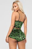 Green adult Fashion Sexy backless Patchwork Two Piece Suits Print Leopard Straight Sleeveless T