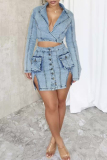 Sky Blue Turndown Collar Long Sleeve Hollow Out Pocket Side Slit Night Out Club Wear Bodycon Denim Mini Dress