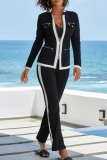 Light Stripe Zipper Contrast Stripe Mandarin Collar Long Sleeve Jacket and Straight Leg Pants Two Pieces Matching Sets