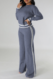 Grey Casual Stripe Contrast Round Neck Long Sleeve Tops and Wide Leg Pants Fall Winter Knitted Two Pieces Sets