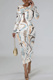 Black Grey Geometric Print O Neck Long Sleeve Casual Outing Bodycon Pencil Midi Drsss