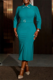 Lake Green Jewel Turndown Collar 3/4 Sleeve Waist Belt with Buckle Fishtail Pleated Hem Plus Size Office Bodycon Midi Dress