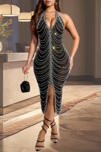 Black Sleeveless Backless Halter Neck Rhinestone Chain Decor Front Slit Bodycon Fit Evening Party Sparkling Maxi Dress