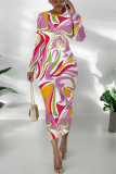 Black Grey Geometric Print O Neck Long Sleeve Casual Outing Bodycon Pencil Midi Drsss
