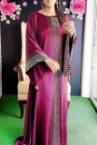 Rose Red Wide kimono Sleeve Loose fit Floor-length Cultural Gatherings Kaftan Maxi Dress with Greek Key Design Down the Center and on Cuffs