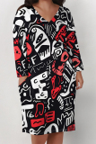 Brown Geometric Print Colorblock V Neck Long Sleeve Pocket Casual Outing Plus Size Loose Midi Dress
