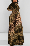 Striped Leopard Flowers Print O Neck Nine Points Sleeve Lace Up Vacation Loose Flowing Maxi Dress