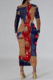 Purple Christmas Party Outfits Snowman Snowflake Print Crewneck Long Sleeve Bodycon Pencil Midi Dress