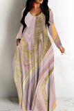 Black Graphic Print V Neck Long Sleeve Floor Length Casual Outing Straight Loose Maxi Dress