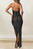 Black Sparkling Halter Neck Gown Sleeveless Slim Fit Full-Length Formal Party Bodycon Sequin Maxi Dress