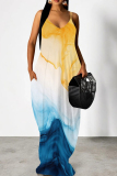 Yellow Blue Ink Painting Print Sleeveless Backless Spaghetti Strap Floor Length Casual Outing Vacation Loose Maxi Dress