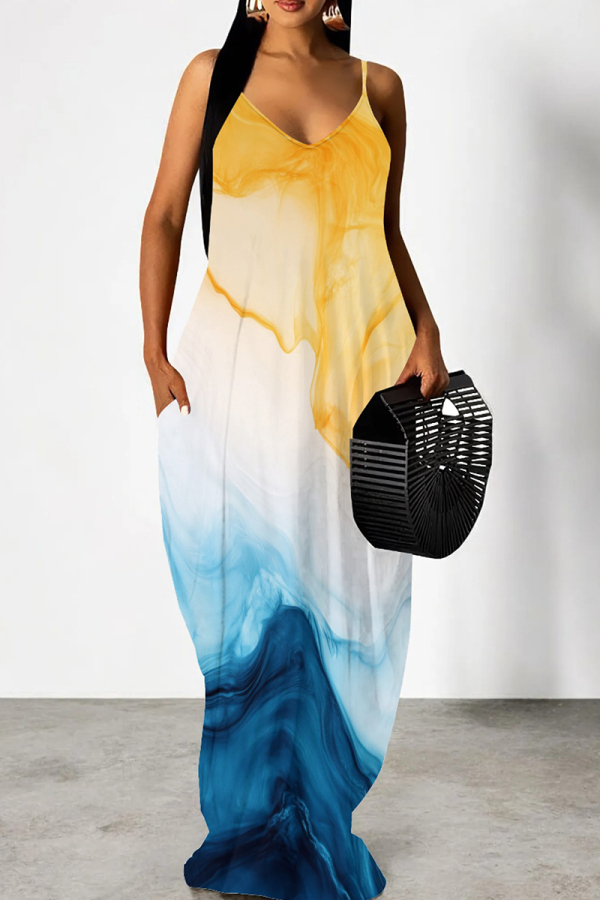 Yellow Blue Ink Painting Print Sleeveless Backless Spaghetti Strap Floor Length Casual Outing Vacation Loose Maxi Dress