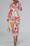 Black Grey Geometric Print O Neck Long Sleeve Casual Outing Bodycon Pencil Midi Drsss