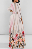 Striped Leopard Flowers Print O Neck Nine Points Sleeve Lace Up Vacation Loose Flowing Maxi Dress