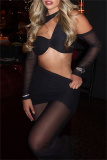Black Gauze Bodycon Party Club Cut Out Ruched Round Neck Long Sleeve Crop Tops and Flare Leg Pants with Skirt Two Pieces Sets