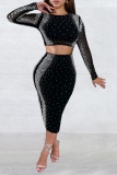 Red Bodycorn Party Club Formal Hot Drill Round Neck Long Sleeve Crop Tops and Slit Wrap Skirts Two Pieces Dress Sets