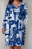 Brown Geometric Print Colorblock V Neck Long Sleeve Pocket Casual Outing Plus Size Loose Midi Dress
