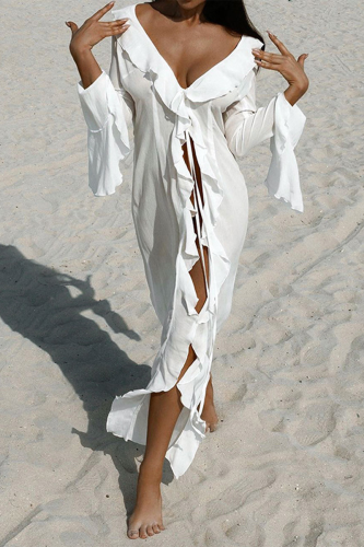 White Sexy Vacation Tie-front  Lace Up Ruffle Trim Suntan Smock Dress Swimwears Cover Up