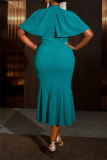 Lake Green Half A Turtleneck Cape Sleeves Belted Waist with Buckle Fishtail Flared Hem Office Wear Plus Size Bodycon Midi Dress