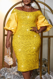 Yellow Glitter Sequin Midi Dress Off-Shoulder Puff Sleeve Knee-Length Cocktail Event Plus Size Bodycon Sparkle Wedding Guest Party Gown