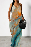 Yellow Blue Ink Painting Print Sleeveless Backless Spaghetti Strap Floor Length Casual Outing Vacation Loose Maxi Dress
