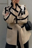 Dark Khaki Loose Casual Double-faced Woolen With Belt Contrast Fall Winter Outerwear Coats