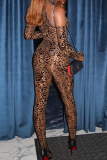 Black Leopard Party Club Casual Print Turtleneck Cold Shoulder Long Sleeve Skinny Jumpsuits