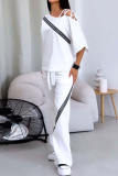 White Loose Striped Print Cut Out Oblique Collar Half Sleeve Sweatshirts and Pants Two Pieces Sweatsuits Sets