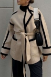 Dark Khaki Loose Casual Double-faced Woolen With Belt Contrast Fall Winter Outerwear Coats