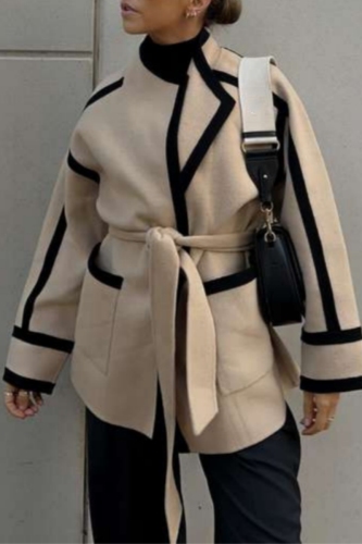 Dark Khaki Loose Casual Double-faced Woolen With Belt Contrast Fall Winter Outerwear Coats