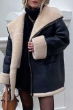 Black Leather Wool Casual Zipper Contrast Turndown Collar Long Sleeve Fall Winter Outerwear Coats