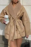 Dark Brown Casual PU Leather Wool With Belt Turndown Collar Long Sleeve Fall Winter Outerwear Coats