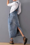 Light Blue Casual Sleeveless Backless Spaghetti Strap Maxi Pinafore with Pockets Distressed Ripped Denim Overall Dress