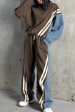 Blue Sportwear Casual Contrast Striped Round Neck Long Sleeve Sweatshirt and Wide Leg Sweatpants Fall Winter Two Pieces Sweatsuits Sets