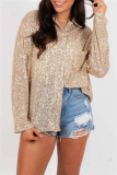 Apricot Loose Casual Sequins Turndown Collar Long Sleeve Shirts Tops