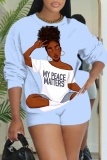 Red Sportwear Casual Girl Figure Print Round Neck Long Sleeve Sweatshirt and Shorts Two Pieces Sweatsuits Sets