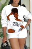 Red Sportwear Casual Girl Figure Print Round Neck Long Sleeve Sweatshirt and Shorts Two Pieces Sweatsuits Sets