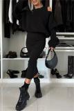Black Casual Round Neck Long Lantern Batwing Sleeve Sweatshirts and Slit Vest Dress Fall Winter Two Pieces Sets