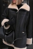 Black Leather Wool Casual Zipper Contrast Turndown Collar Long Sleeve Fall Winter Outerwear Coats