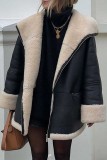 Black Leather Wool Casual Zipper Contrast Turndown Collar Long Sleeve Fall Winter Outerwear Coats