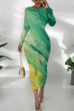 Orange Blue Tie Dye Print O Neck Long Sleeve Casual Outing Wrap Pencil Midi Dress