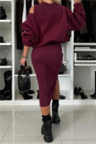 Black Casual Round Neck Long Lantern Batwing Sleeve Sweatshirts and Slit Vest Dress Fall Winter Two Pieces Sets
