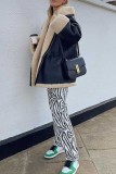 Black Leather Wool Casual Zipper Contrast Turndown Collar Long Sleeve Fall Winter Outerwear Coats