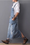 Light Blue Casual Sleeveless Backless Spaghetti Strap Maxi Pinafore with Pockets Distressed Ripped Denim Overall Dress
